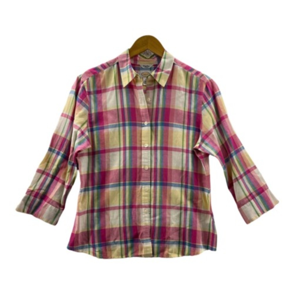 Talbots Womens Button Up Shirt Pink Yellow Plaid 3/4 Sleeve Irish Linen Blend M